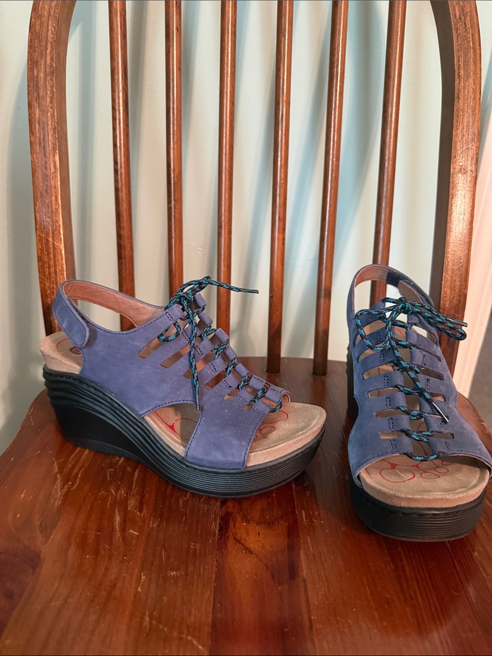 Bionica Blue Lace-Up Wedge Sandals with Black Platform